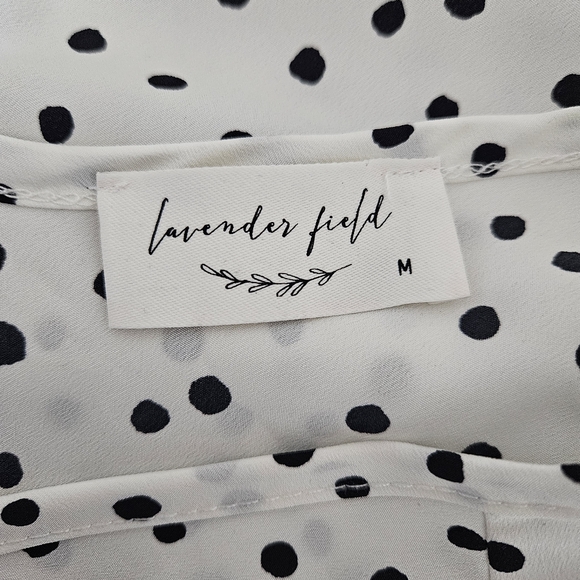 Lavender Field Polka Dot Faux Wrap Blouse With Tassel Sleeve - Picture 7 of 9